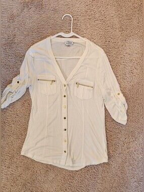 Bebe Women's White Lace Button Down-Front Utility Shirt Size Large